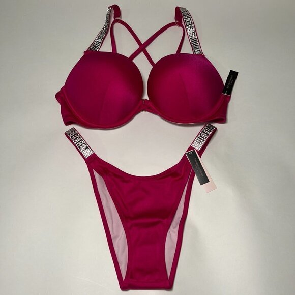 Victoria Secret 32B XS Bombshell Push Up Top Bikini Set LOGO Shine Strap Rose - Picture 2 of 14